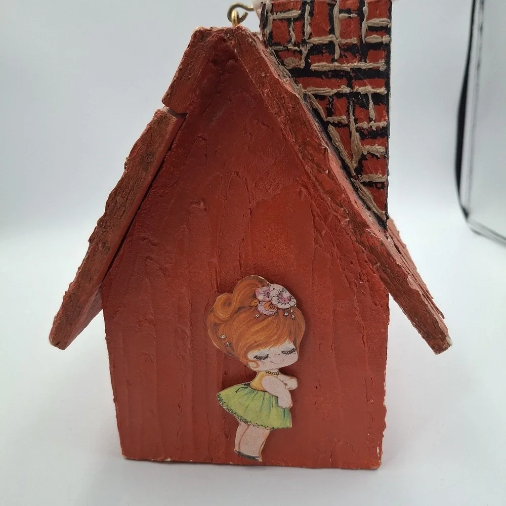 VTG 70s Folk Art Wood Box Purse Schoolhouse Teacher Gift Handpainted Kitsch Red